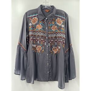 Scully Women’s Long Filter Sleeve Button Front Floral Embroidered Top Gray XL